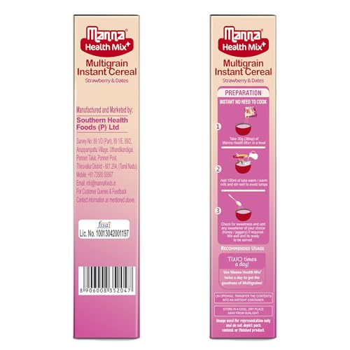 Image of Manna Health Mix Instant Multigrain Cereal, Strawberry, Banana, Dates, with Milk. Made with Real Fruits and 7 Supergrains and Millets. No Added Sugar, No Artificial Colour, Flavours 200g