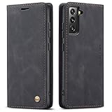 QLTYPRI for Samsung Galaxy S22 Case Vintage PU Leather Wallet Case TPU Bumper Card Slots Hands-Free Kickstand Magnetic Closure Shockproof Flip Folio Cover for Samsung Galaxy S22- Black