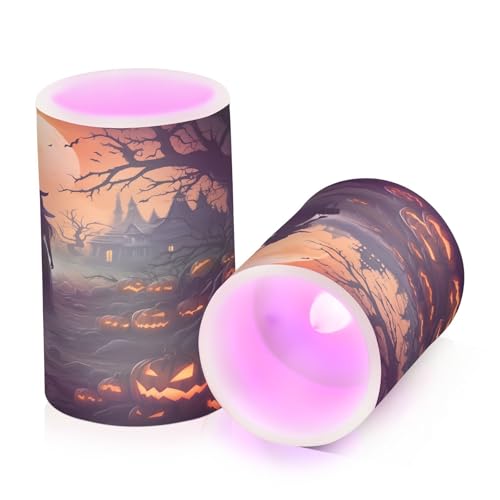 Image of ALAZA Halloween Pumpkins Witch Flickering Flameless Candles Battery Operated with Remote Timer,Tea Light Candles LED Pillar Votive Candles Set of 2 for Outdoor Indoor Decorations