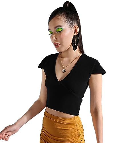 Image of POPWINGS Women Casual Self Design Rust Deep V Neck Full Sleeve Crop Top | Women Tops | Women Regular Tops | Women Tops | Women Stylish Tops