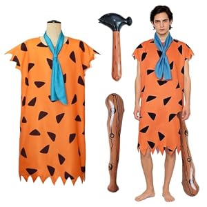 OKMIJN Höhlenmensch Kostüm Herren, Höhlenmensch-Anzug mit Gewand, Robe, Gürtel Kopftuch und aufblasbare Stock, Steinzeit Kostüm mit orange Tunika, Höhlenmensch, für Halloween, Fasching, Themen Partys