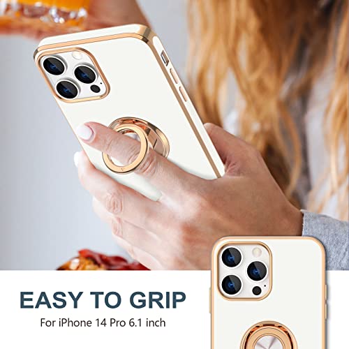 Hython Case For Iphone 14 Pro Case With Ring Stand [360° Rotatable Ring Holder Magnetic Kickstand] [Support Car Mount] Plated Gold Edge Slim Soft Tpu Luxury Protective Phone Case Cover, White #TOP1
