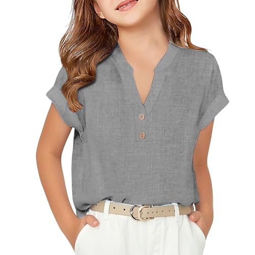 Summer Tops for Girls 2025 Trendy Dressy Casual Blouse Button Up Short Sleeve Shirts Linen Henley V Neck T Shirt Tunic Top
