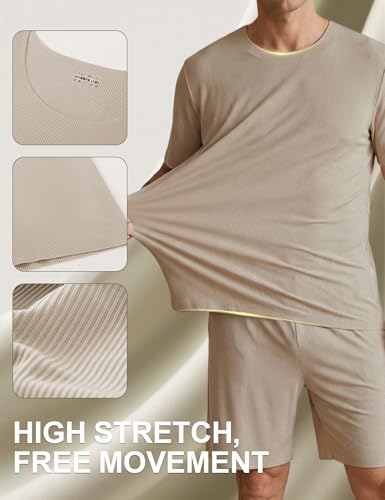 Image of Venzina Men's Ribbed Seamless Lounge Set -Loose Fit Cooling 4-Way Stretch Pajamas for Home, Outdoor, Relaxed Activities