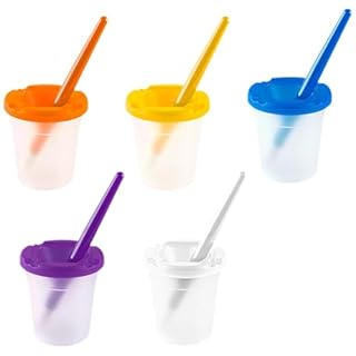 Kids Paint Pots with Lids, 5 Brushes and 5 Spillproof Cups with Lids, Non Spill Paint Pots for Kids, Paint Water Pot, Kids Paint Pots, Childrens Paint Spill Proof Painting Set