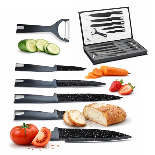 TIENDA EURASIA – Juego de Cuchillos de Cocina 6 Piezas con Pelador | Acero Inoxidable y Mango Antideslizante Efecto Mármol | Color Negro | Set de Cuchillos para Uso Diario