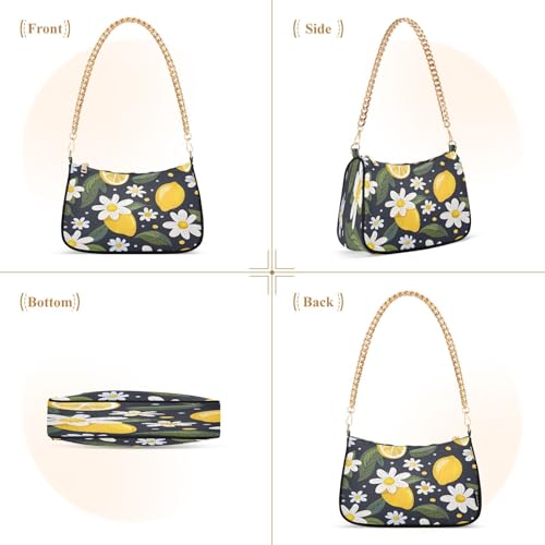 Image of Shoulder Bags for Women Vintage Yellow Lemon Fruit and Blue Print Hobo Tote Handbag Small Clutch Purse with Zipper Closure