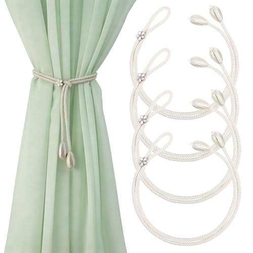 XIAOGUA 4 Pièces Attache Rideau Réglable 48 CM Blanc Cassé Embrasse pour Rideaux Style Bohème Embrasse Rideau Boucle en Forme de Trèfle pour Cuisine Café Salon Chambre Chambre d'enfant