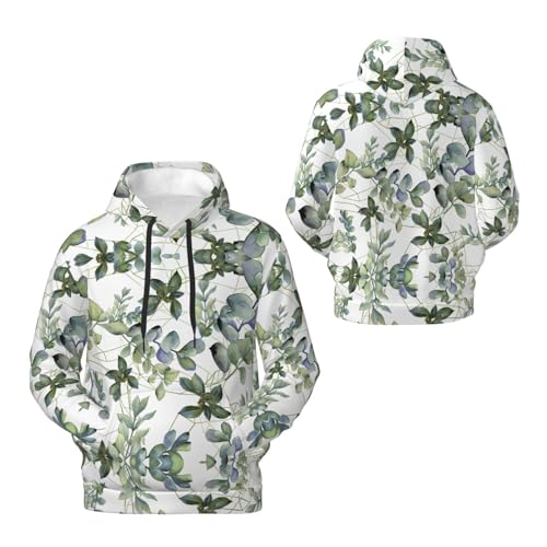 Men's Fleece Pullover Hoodies, Green Eucalyptus Leaves Printed Casual Drawstring Hooded Sweatshirts3