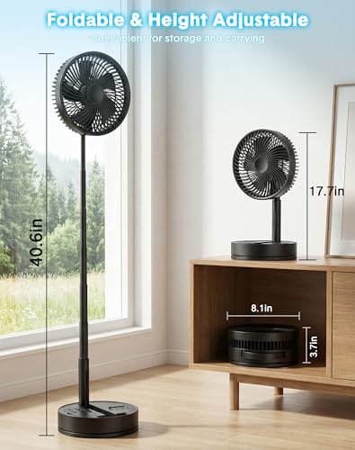 Portable Standing Oscillating Rechargeable Fan - 8" 8000mah Battery Operated USB Fans for Bedroom Quiet Remote Folding Pedestal Floor Ventilador Foldable Table Desk Room Office Camping Cruise Travel