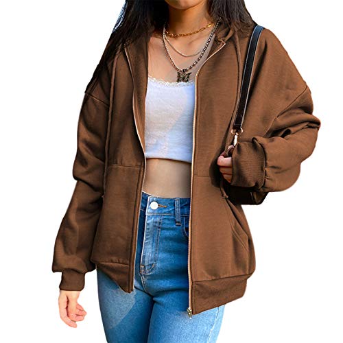 Women Oversized Zip Up Hoddie Jacket Y2K Butterfly Vintage Drawstring Hooded Pullover Sweatshirt E-Girl 90S Streetwear (C-Brown , S )