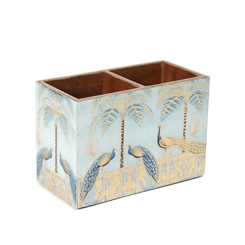Image of DULI Multipurpose Stand, Cutlery Holder, Spoon Stand, Table Organizer with 2 Sections, Chammach Stand (10cm x 15cm) (MCDPSDbl- BlueGoldenPeacock)