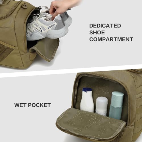 Image of 3-in-1 Tactical Gym & Travel Duffle Bag Backpack Men Multi-Functional 45L Military Sports Duffle Bag with Shoe Compartment & Wet Pocket for Workout Weekender Overnight Bag with Molle Webbing, Brown