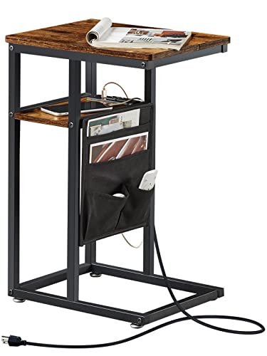 SUPERJARE-C-Table-with-Charging-Station-Small-Side-Table-C-Shaped-End-Tablewith-Fabric-Bag-for-Small-Spaces-Living-Room-Bedroom-Rustic-Brown