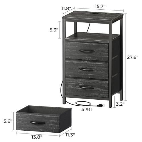 Image of Huuger Nightstand with Charging Station, 27.6 Inch Side Table with Fabric Drawers, End Table Bedside Table with USB Ports and Outlets, Night Stand for Bedroom, Charcoal Black Wood Grain Print