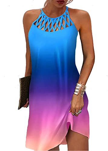 Image of LOVESHOOT Summer Dresses for Women 2026 Casual Floral Hollow Out Halter Neck A-line Sundress for Beach Vacation with Pockets