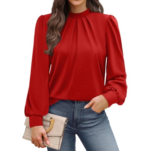 Image of Blouses for Women Casual Long Sleeve Pleated Tops Dressy Mock Neck Plain Shirts Pullover Ladies Fashion Tunic Tops Business Tees Loose Fit Going Out T-Shirts Office Wear(Red, XXL)