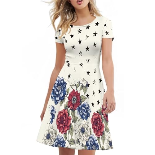 Image of HUGS IDEA Womens Puffy Swing Midi Dress Round Neck Short Sleeve Party A-Line Dresses