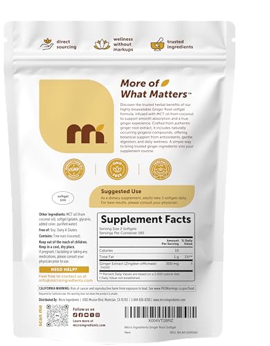 Micro Ingredients Ginger Root with MCT Oil, 360 Softgels | Fresh Ginger Root Extract | Herbal Supplements for Women & Men | Non-GMO, Gluten Free, Soy Free