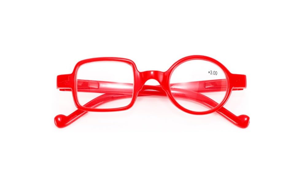 Ashilun Unisex Red One Square One Round Irregular Reading Glasses Retro Readers With Spring Hinge (+350,)