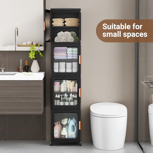 Image of BROVIEW 4-Tier Tall Narrow Storage Cabinet 14.6 inch Wide, Slim Bathroom Cabinets with Adjustable Shelves and Doors, Plastic Kitchen Pantry Organizers and Storages for Small Space, Laundry, Black