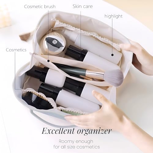 Image of NFI essentials Cosmetic Travel Organizer Bag, Women's Makeup Pouch Toiletry Bag Portable Leather Wide Opening Cosmetics Bag with Handle and Divider