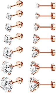Kakonia 7Pairs 18G Stainless Steel Stud Earrings for Women Men Round Cubic Zirconia Barbell Stud Cartilage Helix Earrings Flat Back Stud Ear Piercing 2MM-8MM