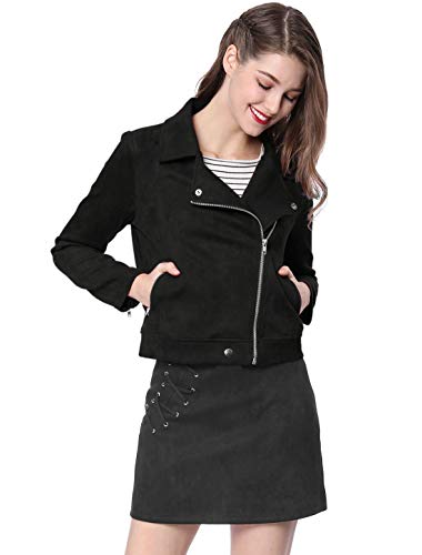 Allegra K Women's Short Soft Zip Up Faux Suede Biker Moto Jacket3