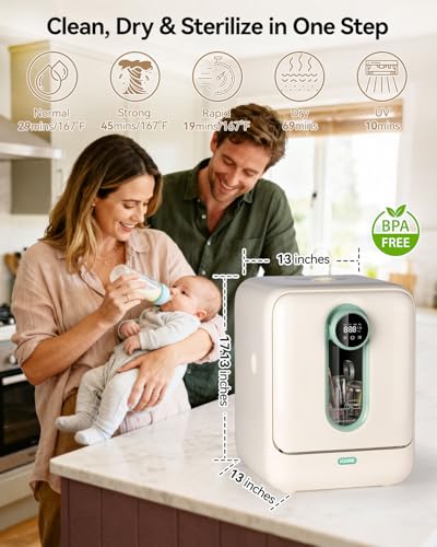 Image of ICUIRE Baby Bottle Washer and Sterilizer and Dryer, 131-167F High Temperature Sterilize for Baby Stuff, 3.2L Water Tank to Clean Bottles, Pump Part &Pacifiers&Bowl, Newborn Parents One-Hand Operation