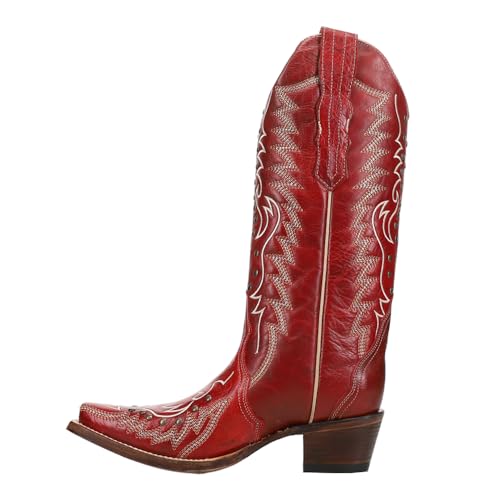Corral Boots Womens Embroidered And Studded Snip Toe Casual Boots Mid Calf Low Heel 1-2" - Red3