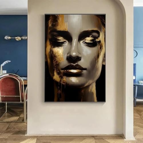 Toile visage femme portrait doré pour habiller un mur vide de salon moderne