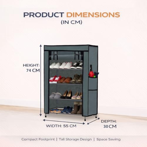 Image of Metal Shoe Stand with Cover, 4 Tier Shoe Organizer for Home & Office - Grey