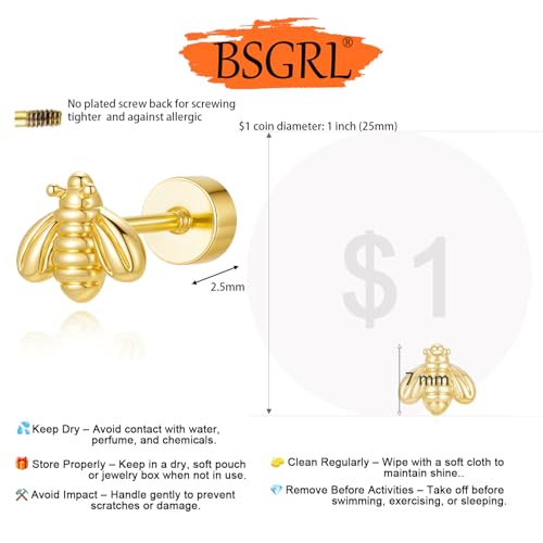 BSGRL Flat Back Earrings - 2pcs 14k Gold Plated Tiny Cute Bee Animal Flat Back Earrings For Women Cartilage Helix Tragus Flatback by BSGRL - Image 3