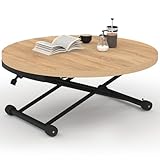IDMarket - Table Basse Extensible relevable en Table à Manger Ronde ALTURA Plateau façon hêtre Pied Noir Design Industriel