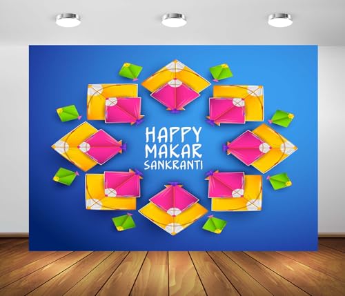 LOCCOR 8x8ft Fabric Happy Makar Sankranti Backdrop Colorful Kites Indian Harvest Festival Background Makar Sankranti Party Decor Banner Indian Theme Photo Booth Props