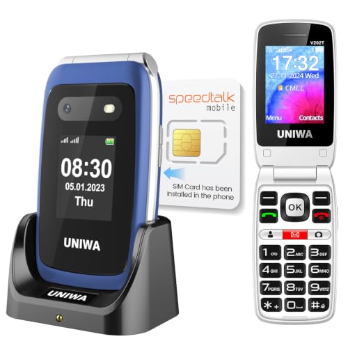 Blue UNIWA V202T flip phone open showing dual screens and large keys — proof of a fold-shut design with big buttons