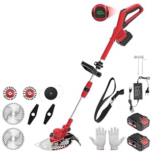 TerraKraft Akku Rasentrimmer mit 21v Akku, Rasentrimmer mit Unkrautbürste. 750w Bürstenloser Motor, 180° Collapsible, Die Teleskophöhe ca 95 cm - 145 cm, 90° Trimmwinkel(Inkl2 x 4,0Ah Akku)(Rot)
