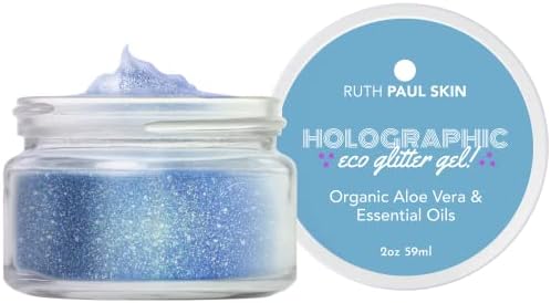 Holographic Face, Body Glitter Gel: for Women & Girls | Biodegradable Blue Glitter | Shimmer Body Lotion | Fine Glitter in Aloe Vera Gel & Essential Oil | by Ruth Paul Skin 2oz
