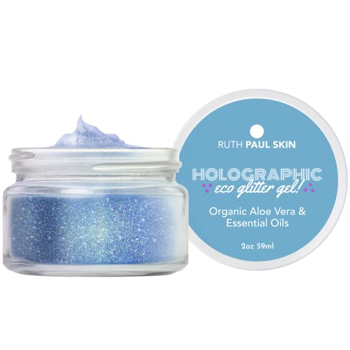 Holographic Face, Body Glitter Gel: for Women & Girls | Biodegradable Blue Glitter | Shimmer Body Lotion | Fine Glitter in Aloe Vera Gel & Essential Oil | by Ruth Paul Skin 2oz