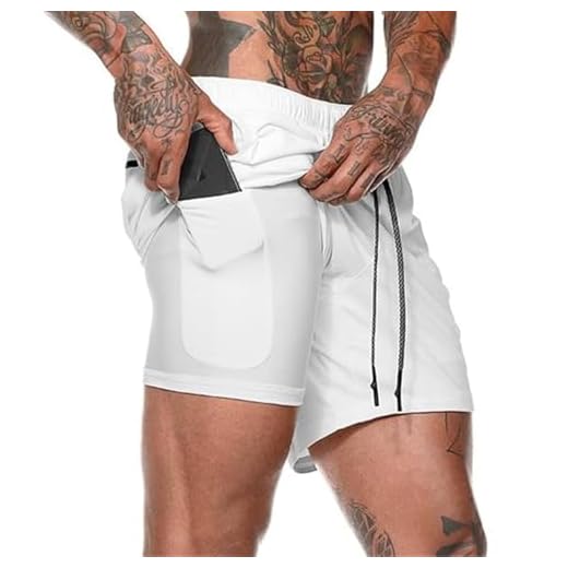 sopranlly Shorts de corrida masculinos 2 em 1, shorts esportivos de ginástica para treino, secagem rápida, leve, com bolsos, Branco, M