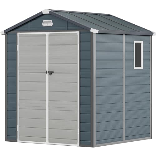 YITAHOME 6x6FT Resin Storage Unit sans Flooring, All-Weather Plastic Shed with Window, Vents and Secured Doors, Outdoor Plastic Tool Cabin for Poolside, Lawn, Backyard, Patio, Dark Gray Dark