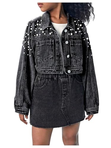 Image of WDIRARA Girl's Beaded Denim Jacket Button Down Collared Long Sleeve Jeans Jackets Y2K Outerwear