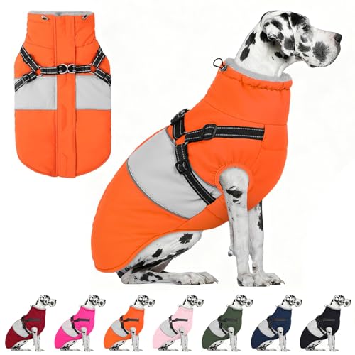 Image of AOFITEE Dog Coat, Large Dog Jacket, Dogs Coat with Harness Built in, Reflective Waterproof Dogs Jackets Winter with Furry Collar, Warm Polar Fleece Pet Sweater Snowsuit for Doberman, Great Dane XXXL