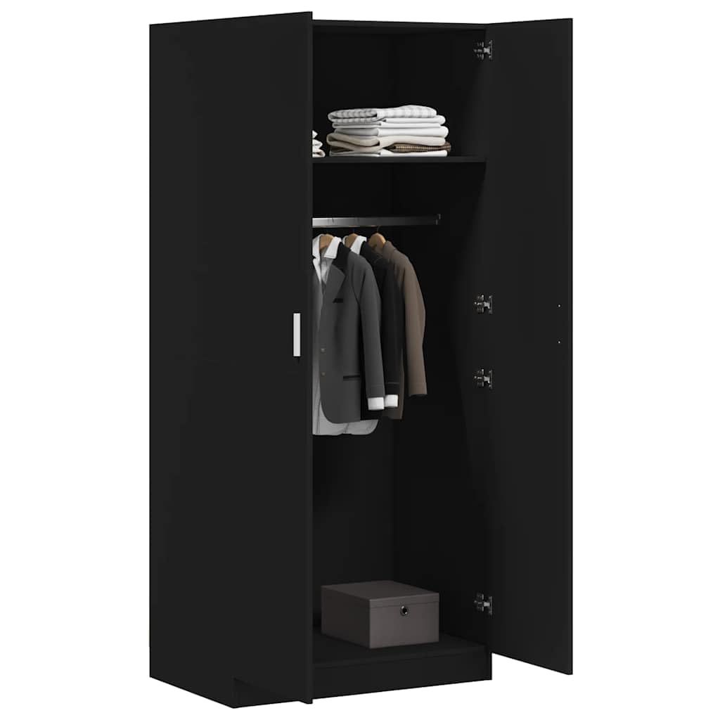Armario negro 80 x 52 x 180 cm, material de madera con gran compartimento y barra colgante para guardar la ropa