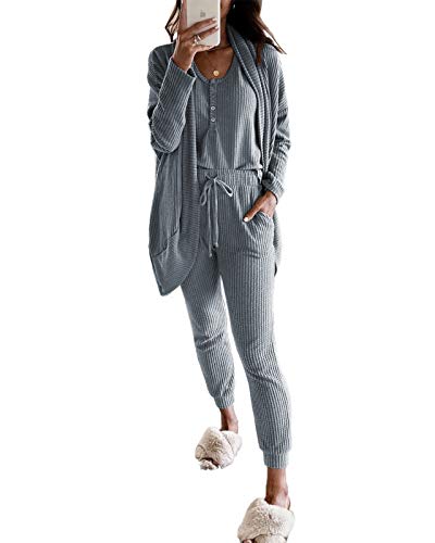 Womens Pajamas Set 3 Piece Loungewear Set Crop Vest Top Loose Pants and Cardigan Knitwear Jumpsuit Warm Blue