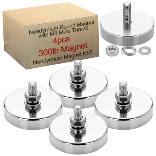 Image of Flutesan 4 Pieces Heavy Duty Round Mounting Magnet with Bolt 2.17in-300lb-M8 Silver with Male Thread Stud Strong Magnet Super Powerful for Lighting Camera Brackets License Plate