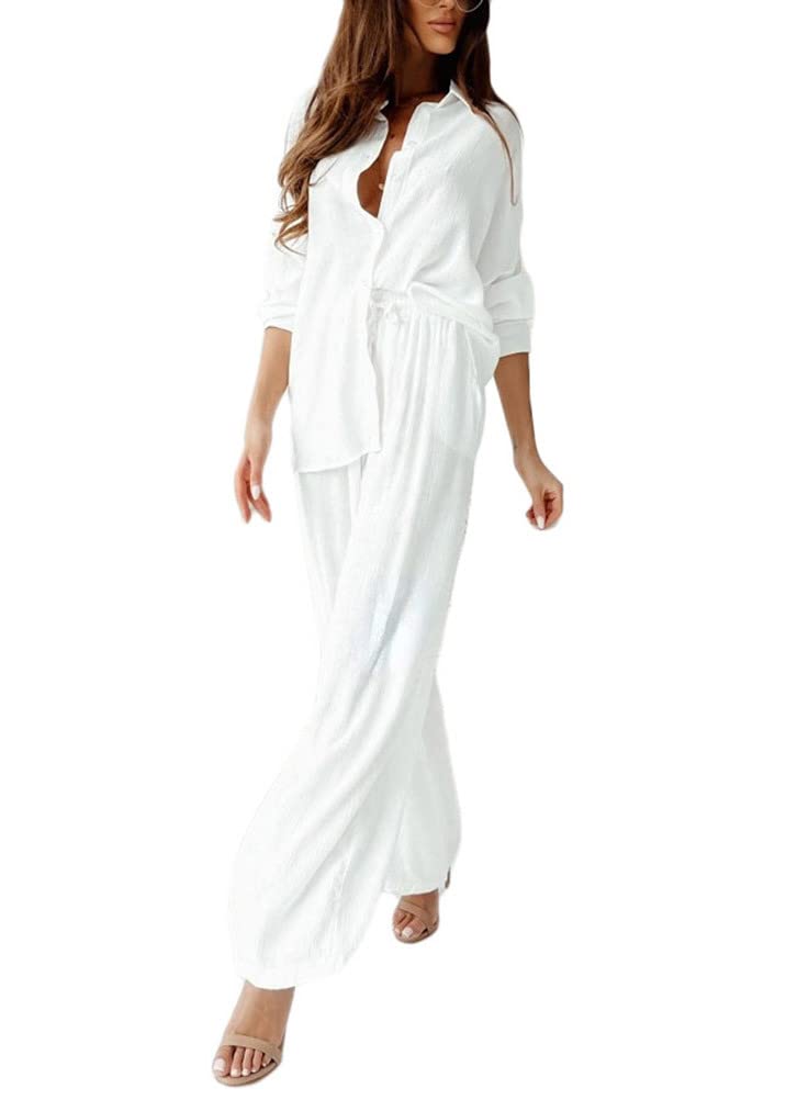 ticticlily Trajes Mujer Elegantes Dos Piezas Conjunto Traje Blusa Manga Larga Cuello V y Pantalones Largo Conjuntos de Oficina Casa Traje Casual 2 Piezas Color Sólido Verano Otoño