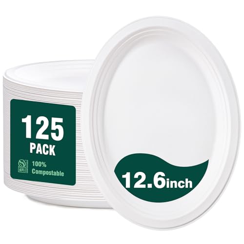 DaYammi 100% Compostable Oval Paper Plates 12 Inch, 125-Pack Heavy Duty Paper Plates Bulk,Biodegradable Bagasse,Eco-Friendly Disposable Dinner Plate for BBQ,Picnic,Party (BPI Certified,Microwaveable)