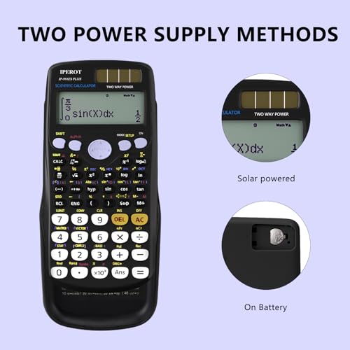 Image of Scientific Calculators, IPEROT Black Math Calculator with 417 Function, Solar Battery Power and 4-Line Display, School Supplies for Middle High College Students Teachers (Black 991ES)