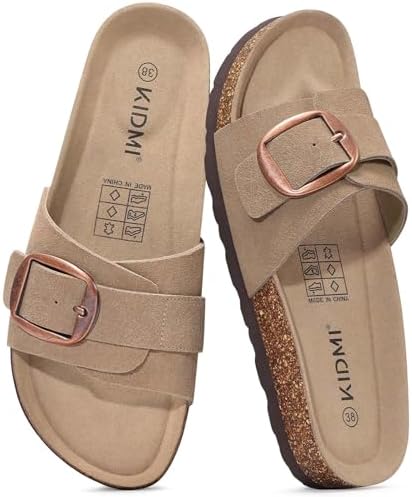 KIDMI Genuine Suede Cork Footbed Sandals for Women Comfortable Summer Slides with Buckle, Apricot 37